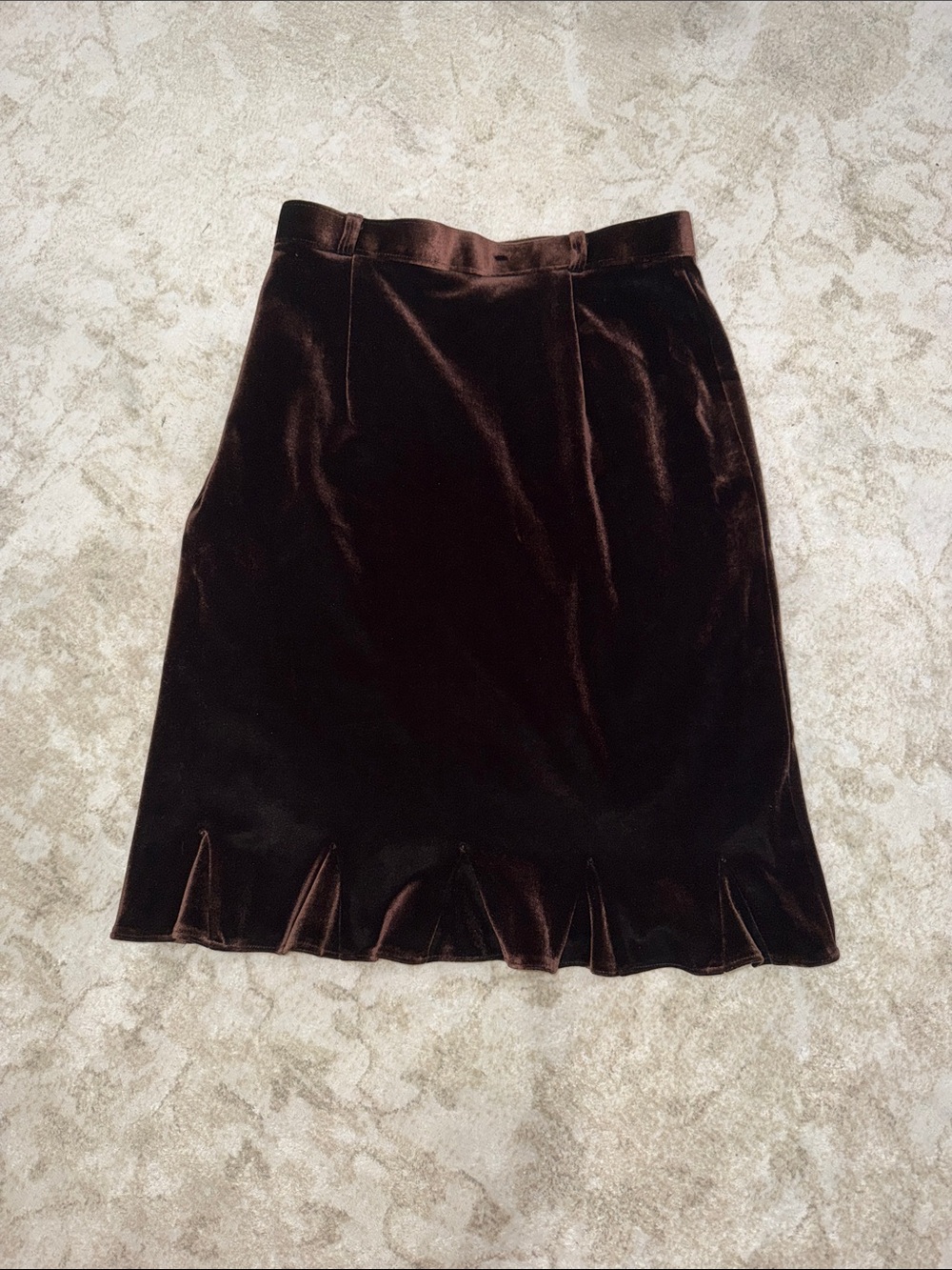 Vintage Velvet Brown Midi Skirt with Fluted Hem